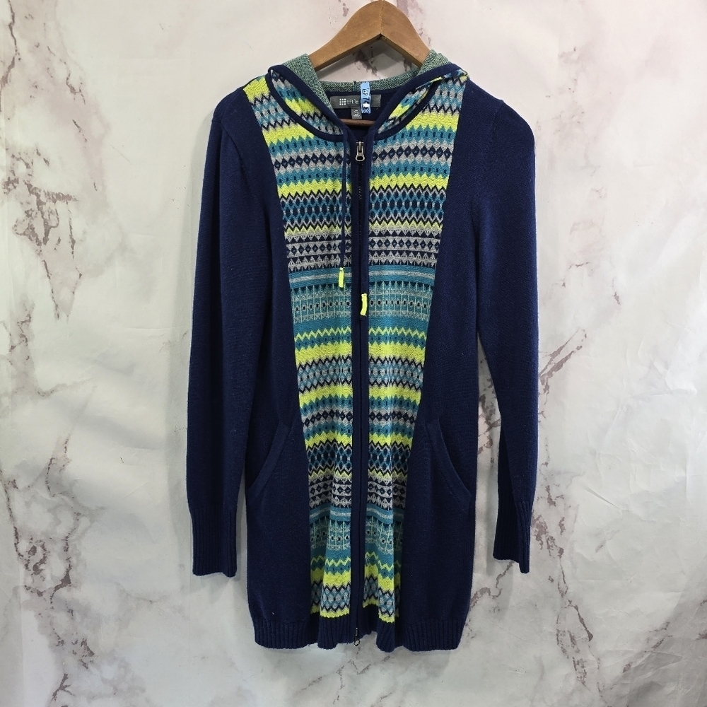 Title Nine Dress Women Small Blue Green Hooded Sweater Long Sleeve Mini Knit Zip